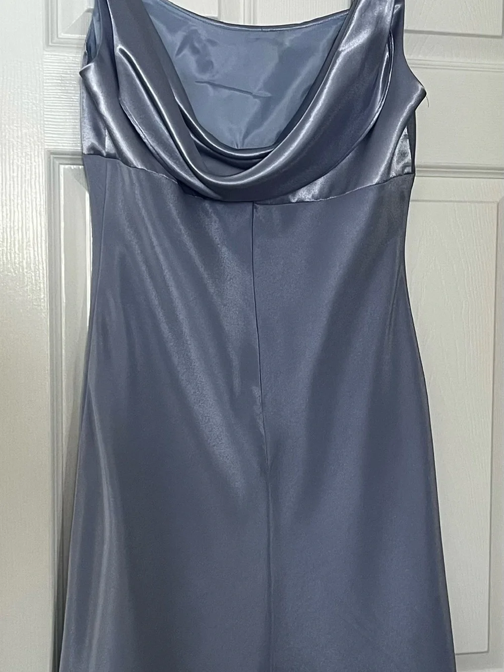 Elegant Satin Cowl Neck Evening Dress in Slate Blue